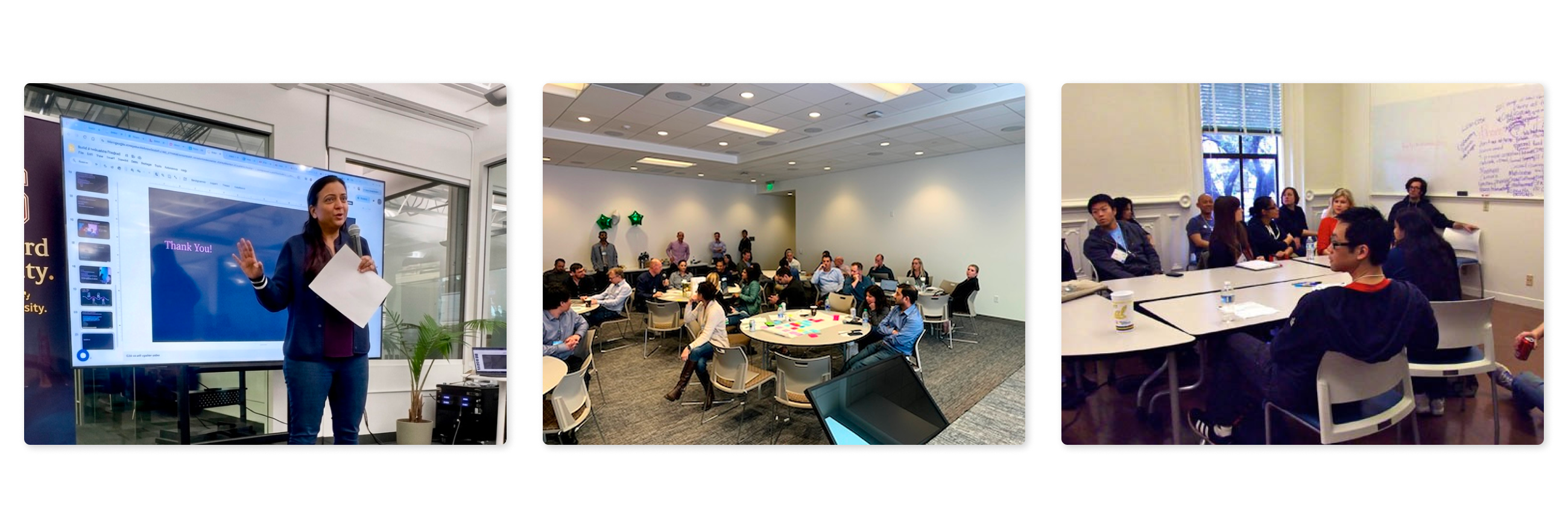Rutu facilitating workshops and giving talks — company-wide sessions, Berkeley InfoCamp, and Lovable event: SheBuilds Palo Alto